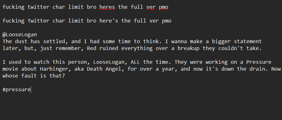 GamerChickenBIS's tweet photo. @LooseLogan
Dust's settled, had time to think. Bigger statement later, but remember: Ren ruined everything over a breakup they couldn't take.

I watched LooseLogan all the time. He Spent over a year on a Pressure movie about Harbinger, now it's down the drain. Whose fault is tha? https://t.co/qAdgQSg3YT