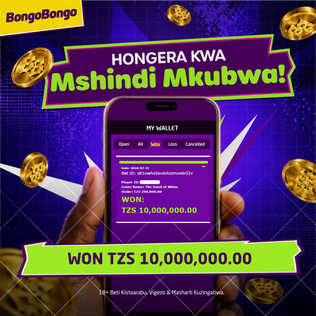 BongoBongo_TZ's tweet photo. Ushindi Mkubwa 🚨

Hongera Kwa Mshindi Wetu Mkubwa. Kwa dau la TZS 200,000 pekee kwenye mchezo wa The Hand Of Midas, mteja wetu amejishindia TZS 10,000,000 🔥

Ushindi Unaofuta hauko mbali na wewe.

Cheza hapa 👇🏽
https://t.co/YIfhjrvNrG https://t.co/RCVSKl6IYF