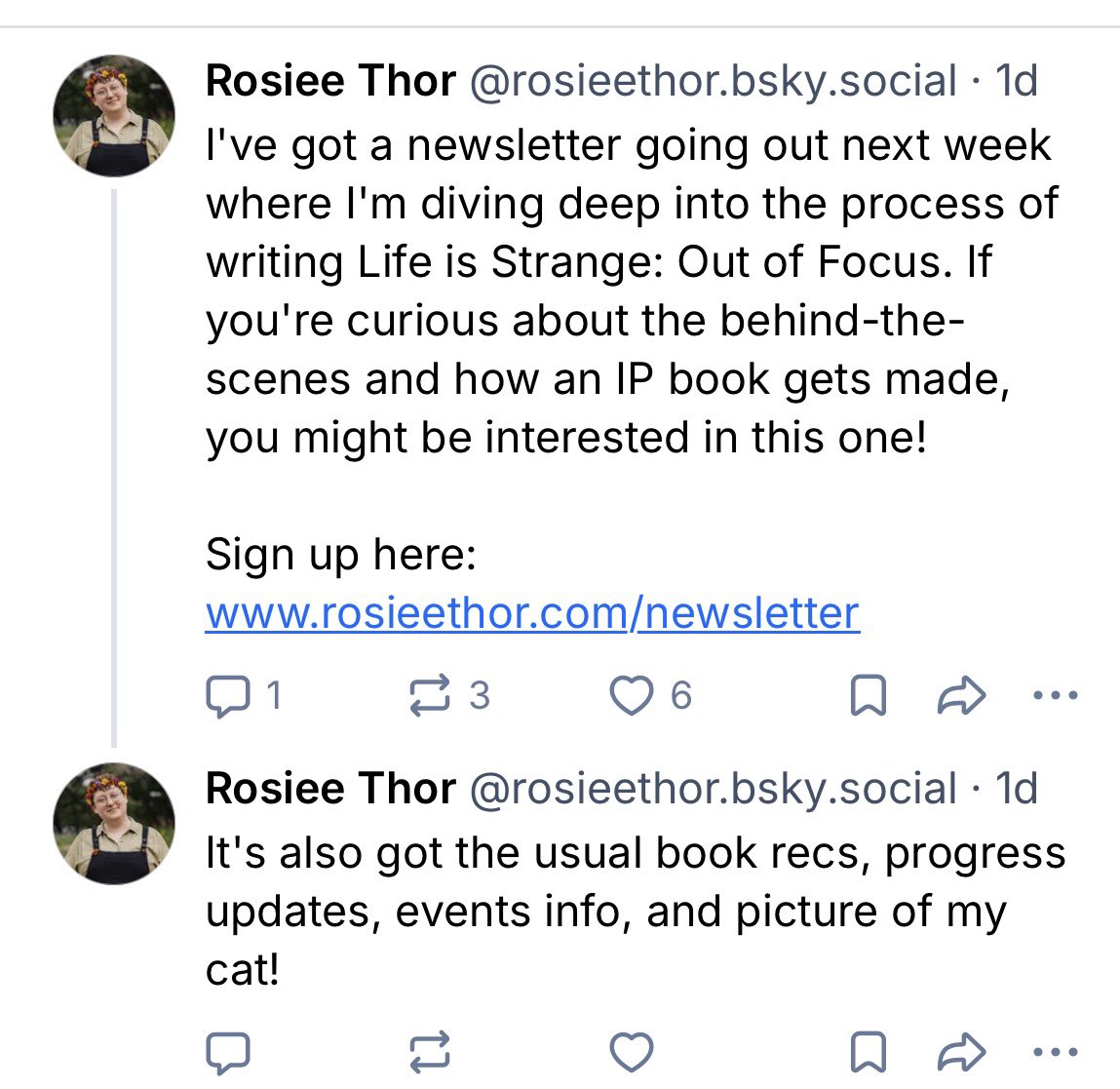 lLisFan1's tweet photo. Rosie Thor has produced a newsletter about the upcoming #lifeisstrange out of focus novel which features Chloe Price,if you want to sign up to it,the link is below
https://t.co/OrIx7dFmP2 https://t.co/ICWWOVSkiw