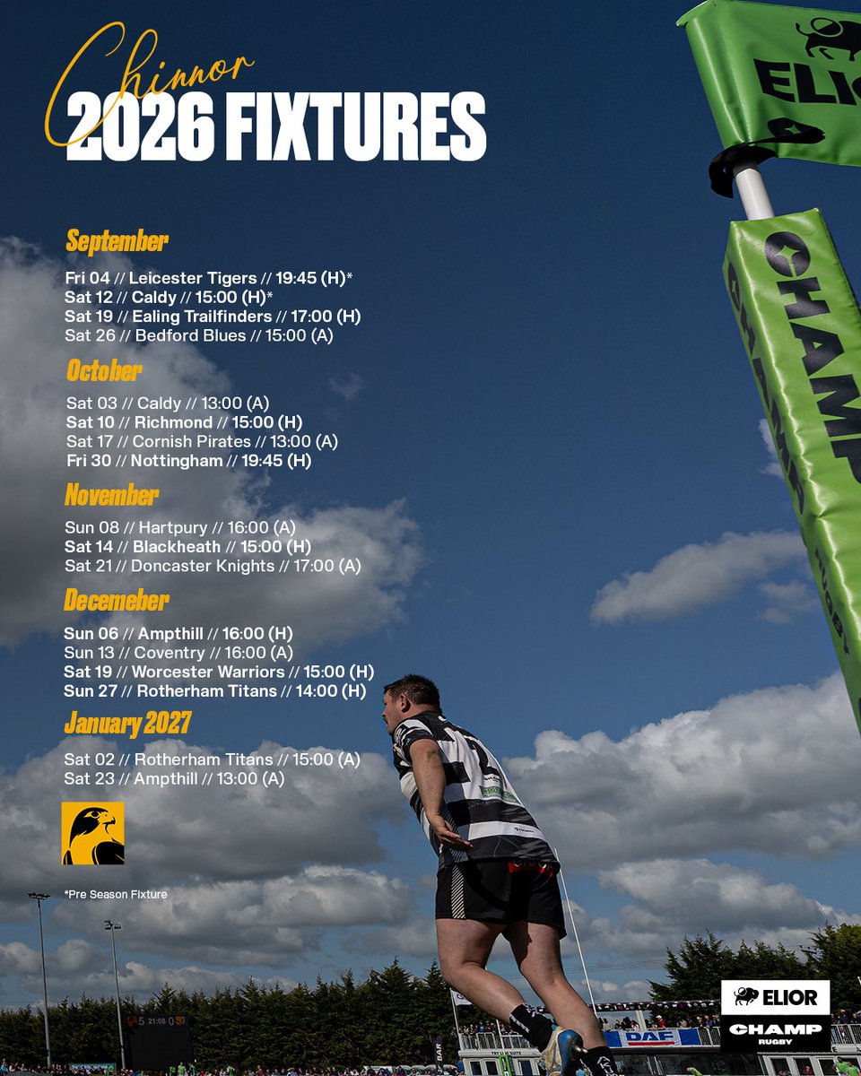 ChinnorRFCThame's tweet photo. Rounds 1 to 15 @champrugby confirmed times and dates are here 🔥

Be sure to save all these dates to your calendar so you don’t miss a game 🗓️

Season tickets are on sale still via the link in our bio which gets you access to all home games including the Leicester Tigers pre season friendly 🖤🤍

#ChinnorRFC
