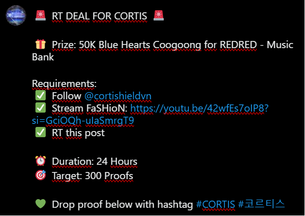 cortishieldvn's tweet photo. 🚨 RT DEAL FOR CORTIS 🚨

🎁 Prize: 50K Blue Hearts Coogoong for REDRED - Music Bank 

Requirements:
✅ Follow @cortishieldvn
✅ Stream FaSHioN: https://t.co/SDBNzgaglE
✅ RT this post

⏰ Duration: 24 Hours 
🎯 Target: 300 Proofs

💚 Drop proof below with hashtag #CORTIS #코르티스