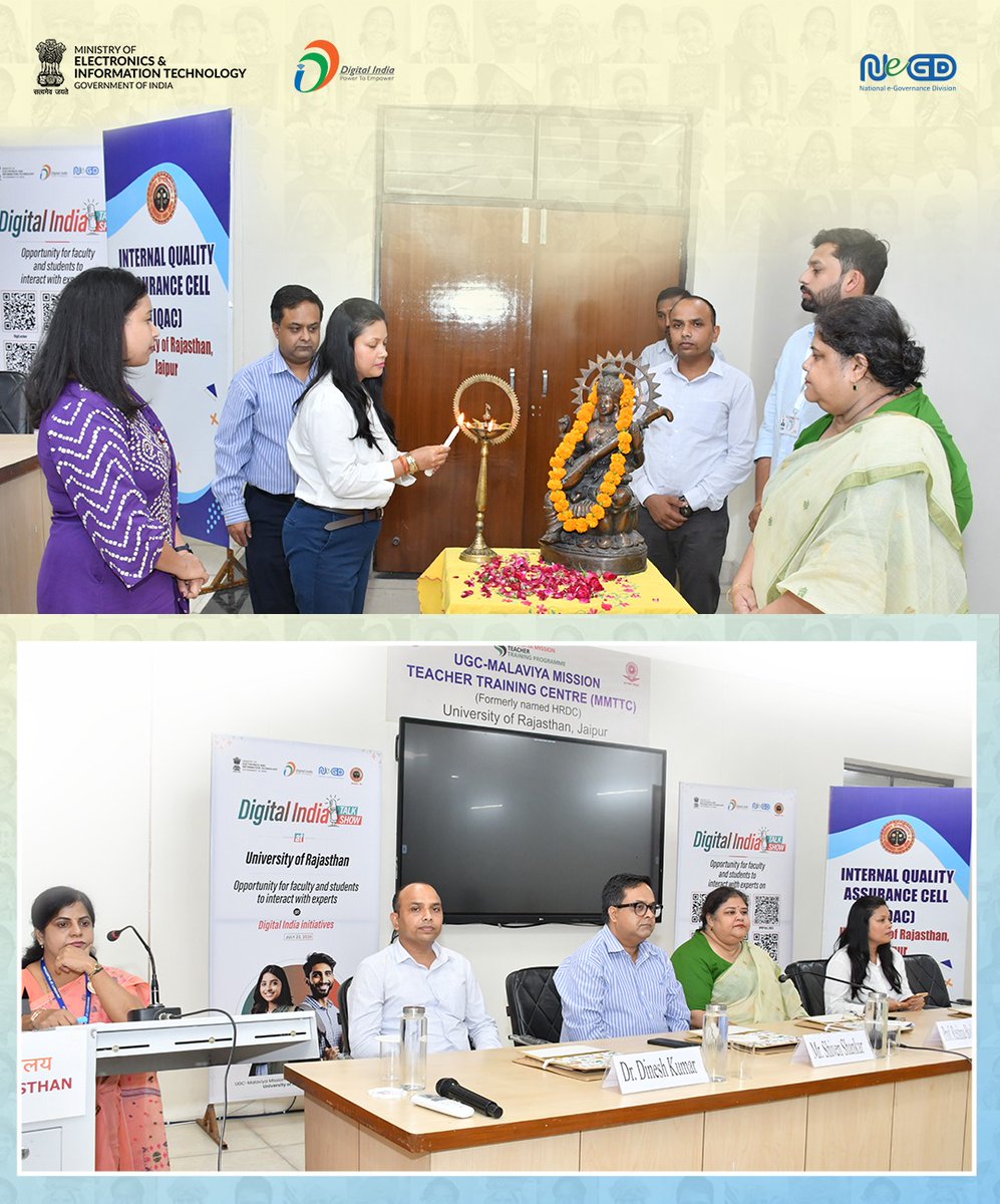 _DigitalIndia's tweet photo. 🎤 Taking Digital India to campuses, empowering minds.

The Digital India Talk Show at the University of Rajasthan, Jaipur brought together faculty, students, and experts for insightful discussions on Digital India initiatives, digital public infrastructure, cybersecurity, digital governance, and emerging technologies.

#DigitalIndia #DigitalIndiaTalkShow @Uniraj_Jaipur