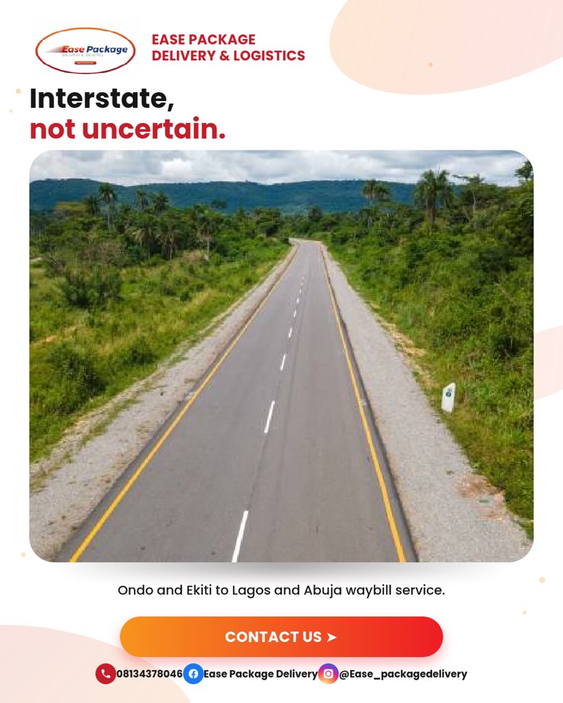 Easepackage's tweet photo. Book your interstate
waybill today
📞08134378046
https://t.co/ccOQB6lAhR
#EasePackage #LagosDelivery #LagosLogistics #InterstateDelivery
#WaybillService #TrustedCourier #OndoDelivery #NigeriaLogistics https://t.co/qSaxooKCoD