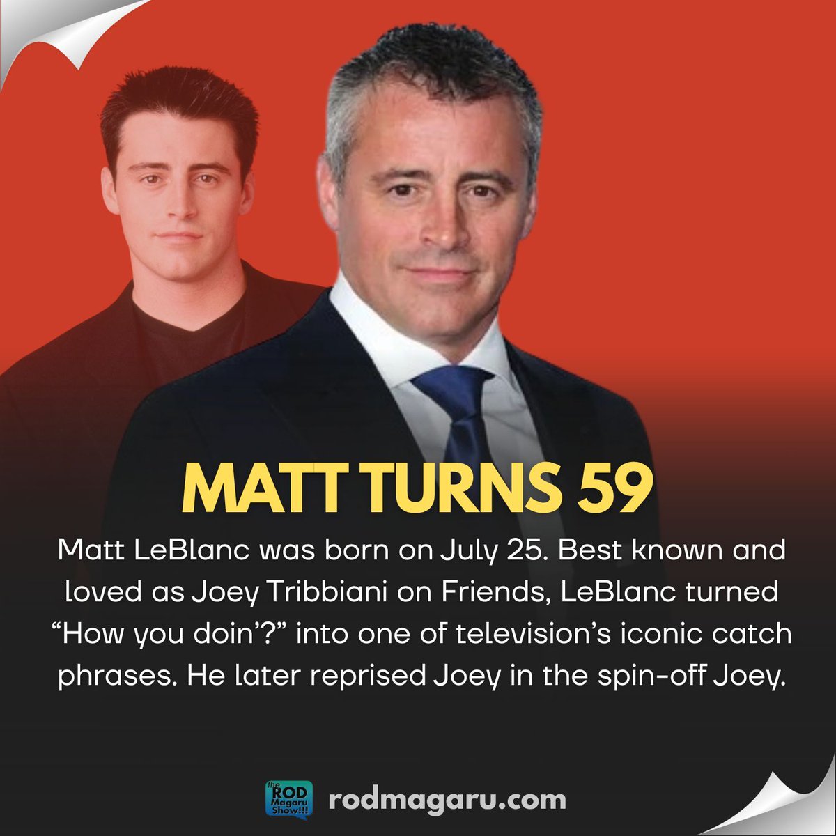 rodmagaru's tweet photo. Happy 59th birthday to the one and only Matt LeBlanc! 🎂 “Joey doesn’t share food!” — and nearly three decades later, we’re still quoting him.
#MattLeBlanc #HappyBirthdayMattLeBlanc #Friends #JoeyTribbiani #FriendsTV #HowYouDoin #Episodes #90sTV #TVIcon #Hollywood https://t.co/TOgHKa6dq7