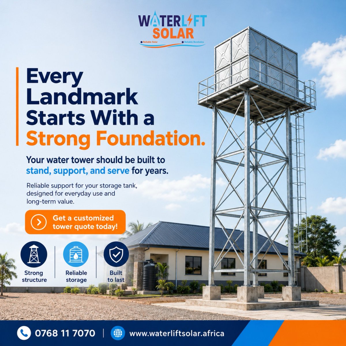 Waterlift_'s tweet photo. At Waterlift Solar, we build water towers designed to stand, support, and serve for the long haul.

The right tower is not just support for a tank — it is protection for your water system and long-term value for your property.

Get a customized tower quote today.
📞 0768 11 7070 https://t.co/mlEifW92rB