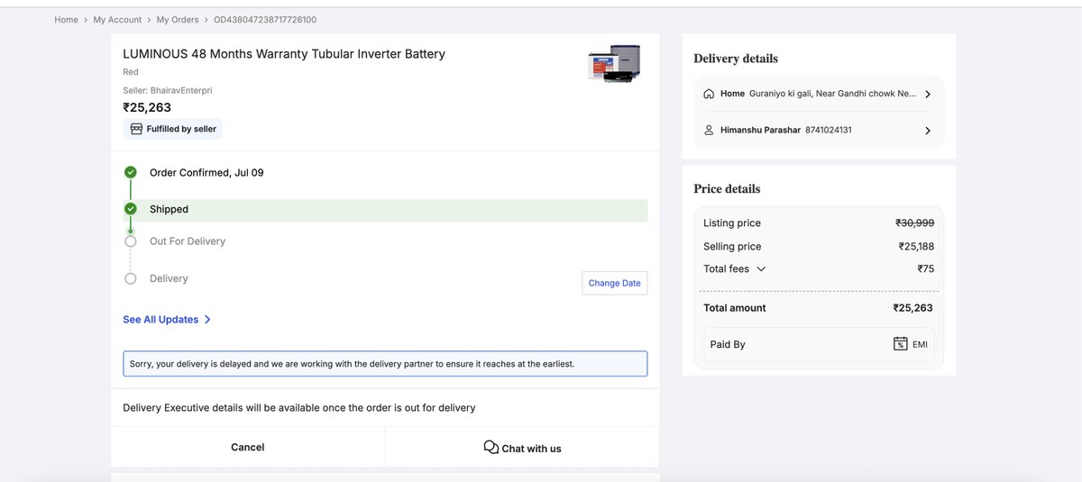Lakshy520's tweet photo. @BJP4India @Flipkart @FlipkartSupport @jagograhakjago @NCH1915 @CimGOI

I have been waiting since 9 July for my order (LUMINOUS Inverter Battery). The promised delivery date was 17 July, but even after multiple escalations, Flipkart has neither delivered the product nor cancelled the order. https://t.co/s91zLhZ3rZ
