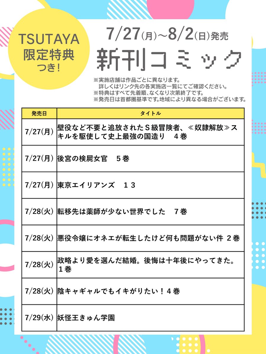shop_TSUTAYA's tweet photo. ˗ˏˋ 7/27(月)～8/2(日)発売 ˎˊ˗
📢先着で限定特典！コミック新刊情報📚

『#東京エイリアンズ』13巻
など注目コミック多数🌟

詳細👉https://t.co/mre78lWVI4
少女コミック「私の彼氏棚」👉＠TSUTAYA_mybf
※作品ごとに実施店舗は異なります。 https://t.co/BlpfQwBVrd