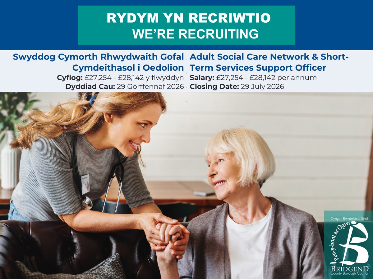 BridgendCBC's tweet photo. 🚨 Job Alert! 

Our Adult’s Social Care team in #Bridgend are hiring for an Adult Social Care Network &amp; Short-Term Services Support Officer 👇

⏰ 37 hours per week (Temporary for up to 1 year)
💷 £27,254 - £28,142 per annum
📅 Closing date: 29 July 

 🔗 https://t.co/23w56mELcl https://t.co/yyHAWNVyzd