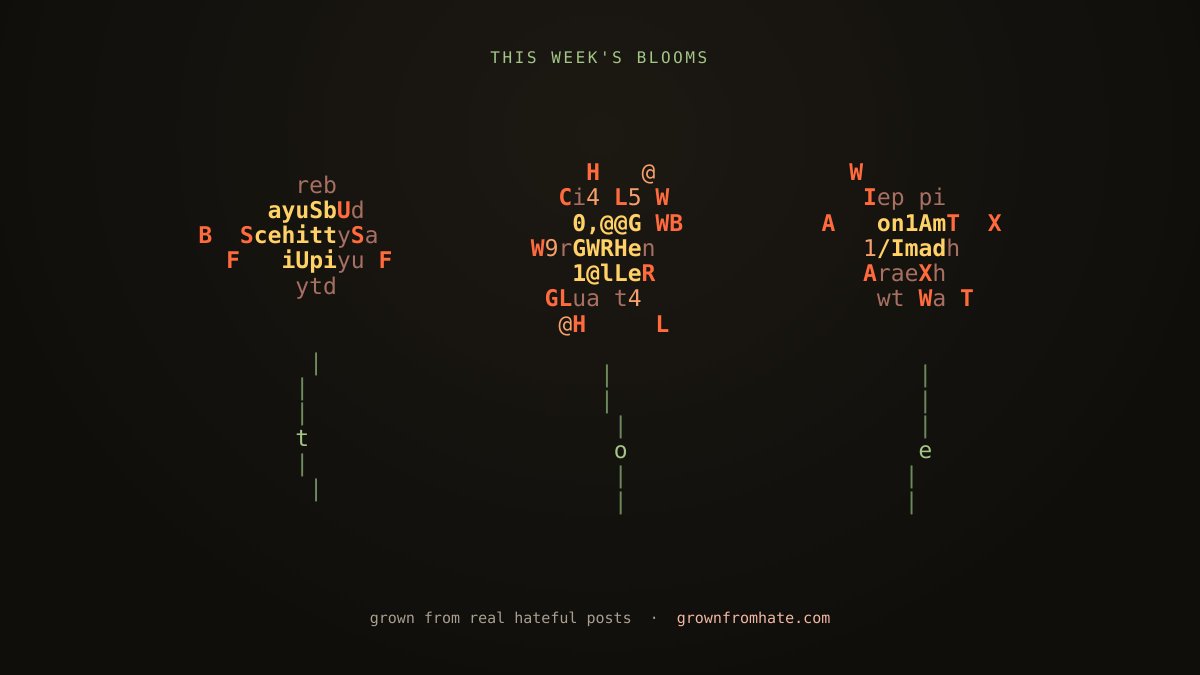 grownfromhate's tweet photo. this week's blooms 🌷

the fullest flowers grown from real hateful posts this week — every one now planted in the garden, and pressed onto this week's merch.

https://t.co/vMkcIXUC9I https://t.co/eNkbd7XqEh