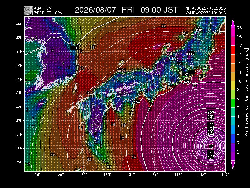 kuge_3776net's tweet photo. デカすぎワロタ。東日本沿岸にかかってる等圧線、1000hPaかと思ったら980hPaだったw https://t.co/CQcr7k7QHN