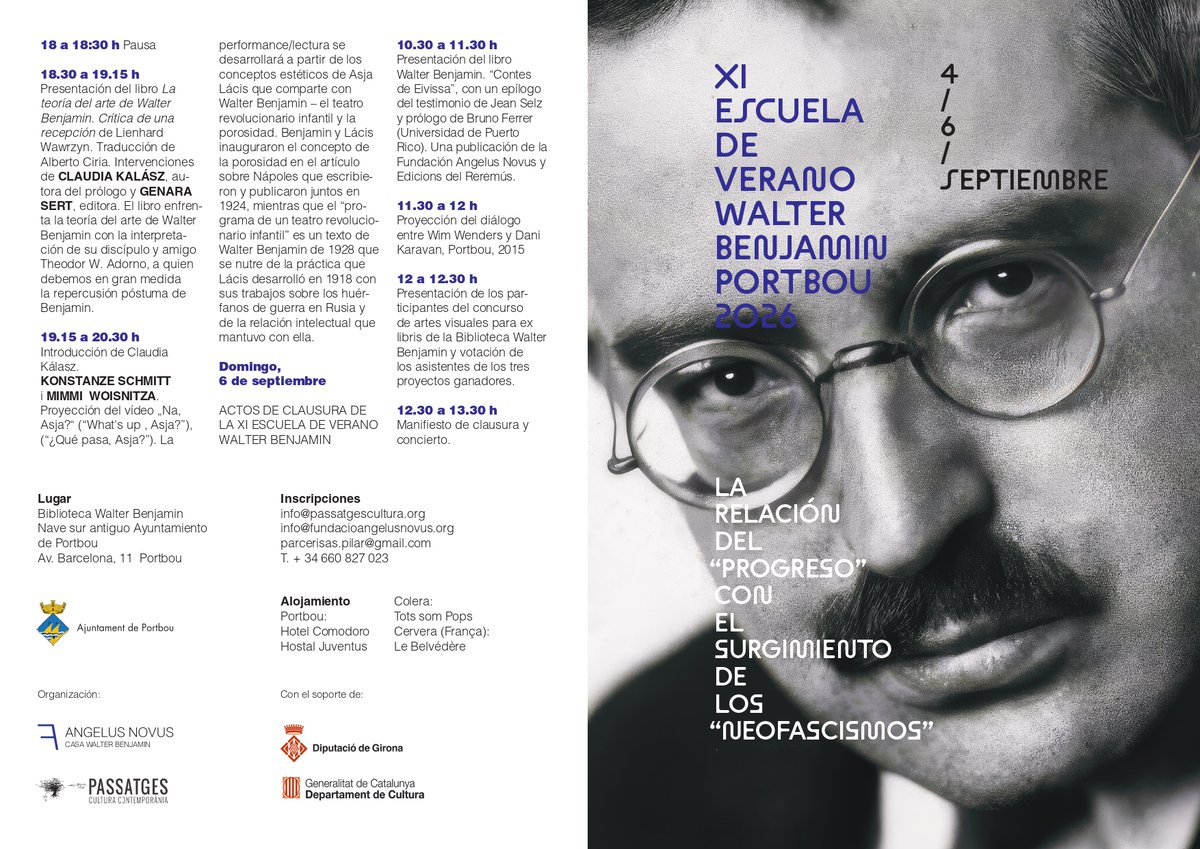 UNEDfilosofia's tweet photo. XI Escuela de Verano Walter Benjamin 2026
 "La relación del progreso con el surgimiento de los neofascismos"
4-6 DE SEPTIEMBRE 2026
Biblioteca Walter Benjamin
Nave sur antiguo Ayuntamiento
de Portbou, Av. Barcelona, 11 Portbou
Información, programa e inscripciones: https://t.co/BwgkzgEs4N