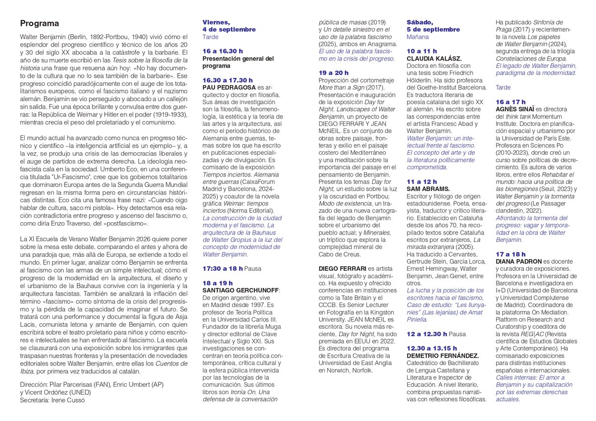 UNEDfilosofia's tweet photo. XI Escuela de Verano Walter Benjamin 2026
 "La relación del progreso con el surgimiento de los neofascismos"
4-6 DE SEPTIEMBRE 2026
Biblioteca Walter Benjamin
Nave sur antiguo Ayuntamiento
de Portbou, Av. Barcelona, 11 Portbou
Información, programa e inscripciones: https://t.co/BwgkzgEs4N