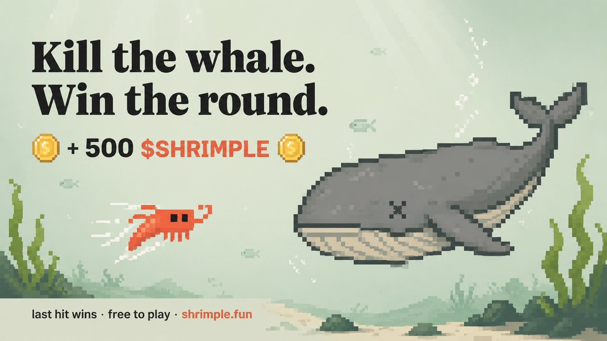shrimpledotfun's tweet photo. $SHRIMPLE 🦐

not a roadmap — a game you can play right now at https://t.co/crtSGMZ9fX

• kill the whale, win the round → 500 tokens auto-sent on-chain
• already paid out to 3 different players, all verifiable
• burned 50M (5% of supply) yesterday
• just submitted to CrazyGames
~$11k mcap. it's a real product.