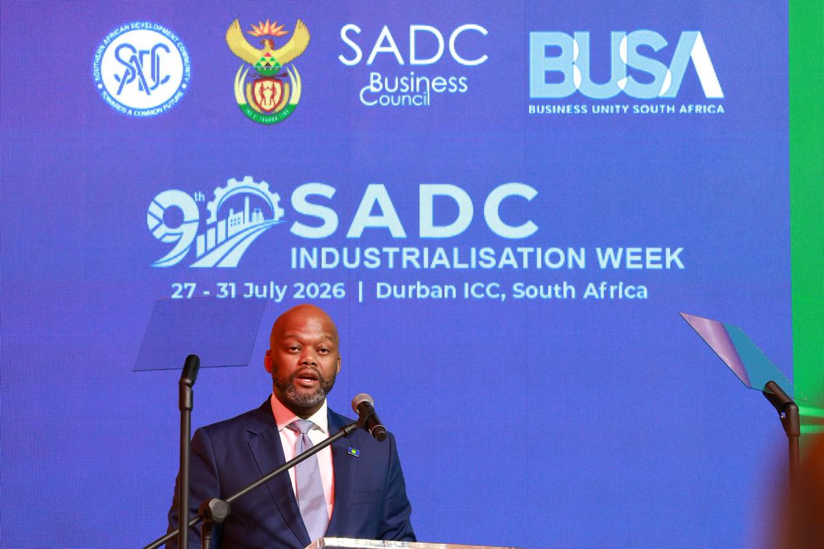 GovernmentZA's tweet photo. #9thSADCIndustrialisationWeek | Secretary General of the AfCFTA, H.E. Wamkele Keabetswe Mene, delivered opening remarks, highlighting regional industrialisation, deeper integration and stronger value chains for sustainable growth across Africa. 

#GovZAUpdates #SIW2026 #AfCFTA https://t.co/ZH8BuRACIl