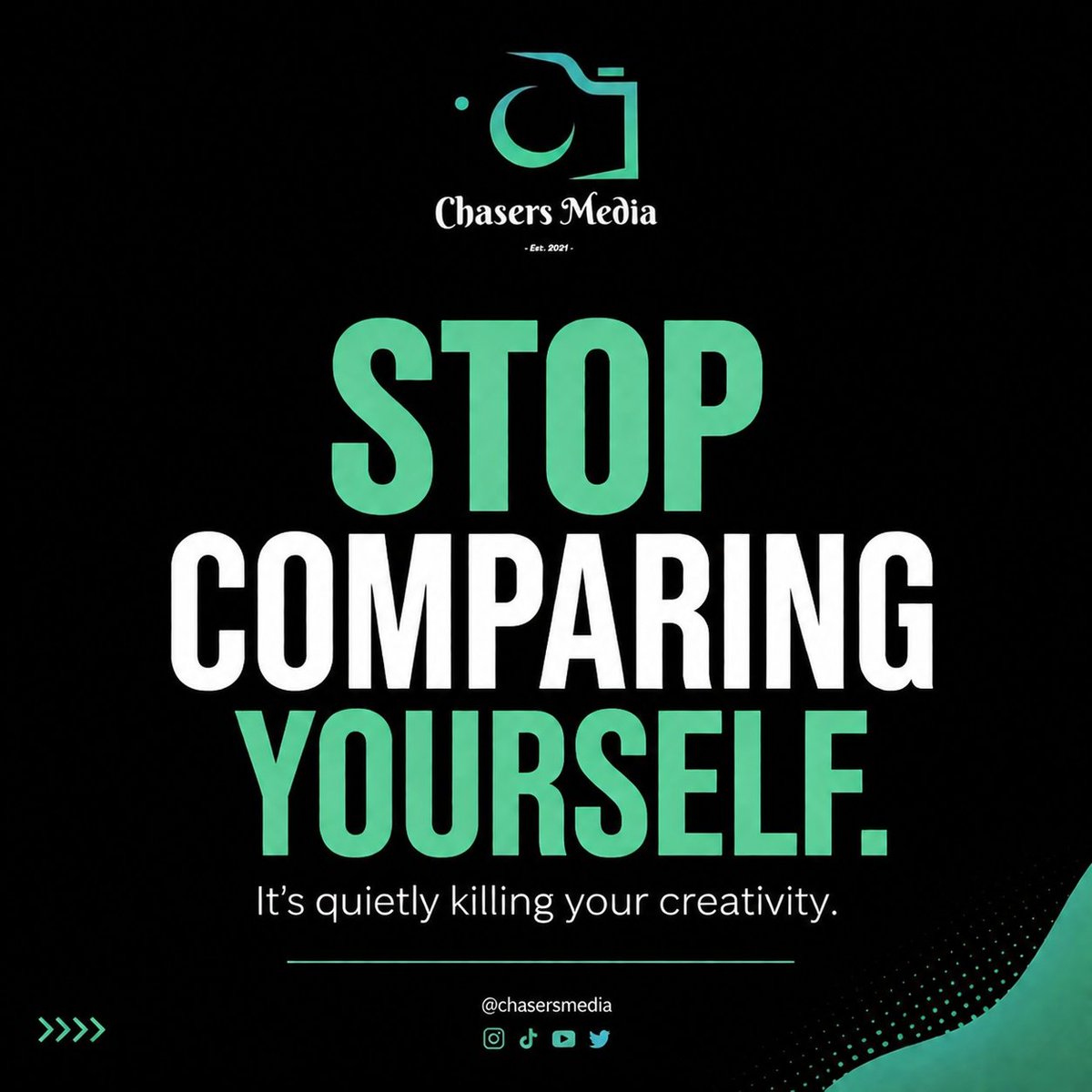 ChasersMedia001's tweet photo. Comparison steals confidence before it steals results.
Instead of asking, "Why am I not there yet?"
Ask, "What can I learn from them?"
Growth begins when comparison becomes inspiration.
Which slide speaks to you most? 👇
#CreatorEconomy #Creativity #GrowthMindset #ChasersMedia https://t.co/n0AhVThWyw