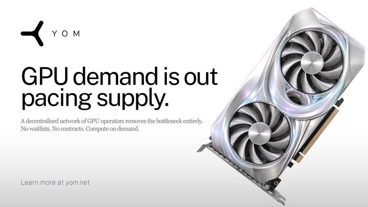 YOM_Official's tweet photo. The GPU shortage is a distribution problem, not a production problem.

While big cloud providers ration compute and leave startups stuck in limbo, a decentralized network of GPU operators changes the game entirely. 

Bypass the gatekeepers and get exactly what you need to build: no waitlists, no contracts, just compute on demand.