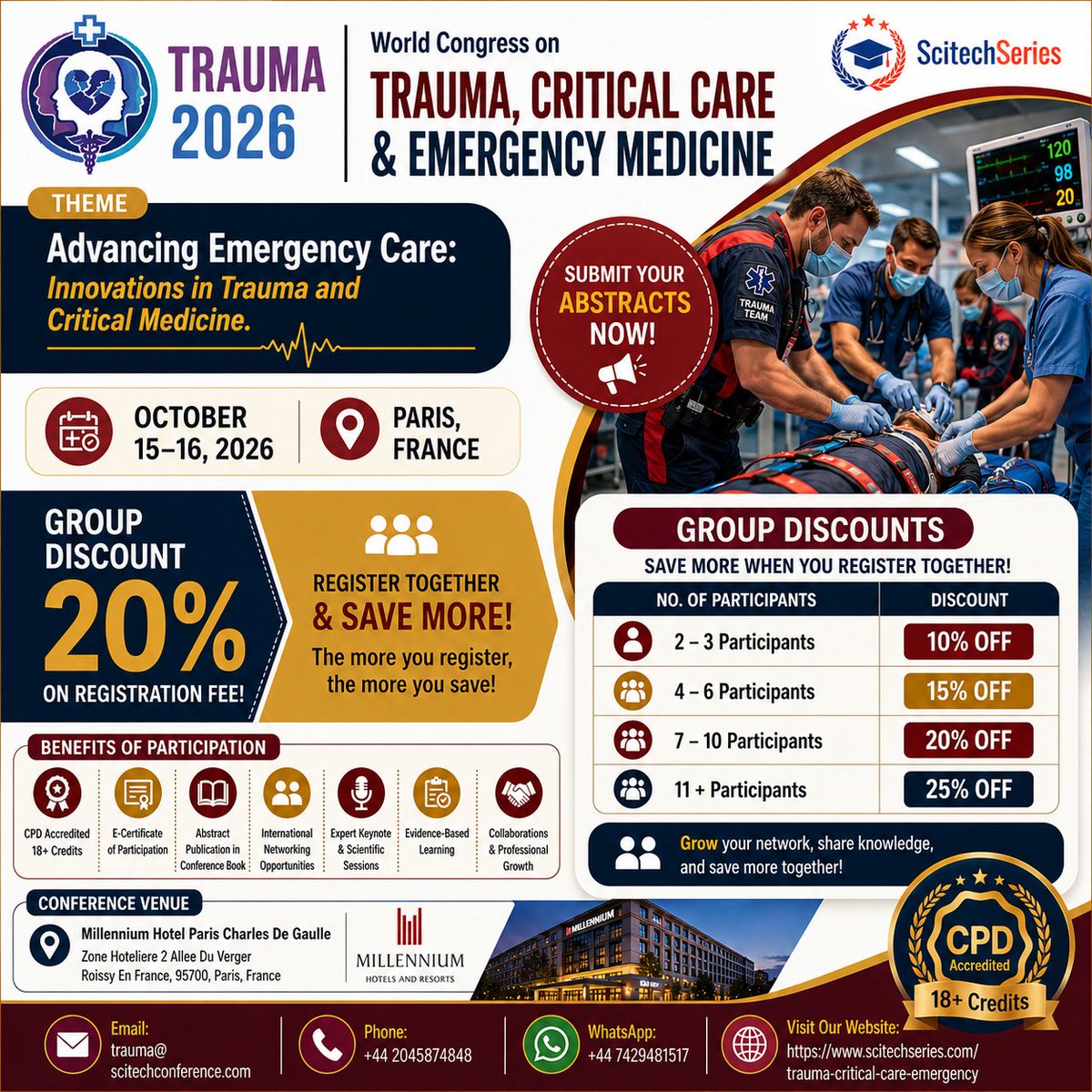 LauraOlive5142's tweet photo. 🚨 Save up to 25% with Group Registration! 👥

Join Trauma 2026 in Paris | 📅 Oct 15–16, 2026
🎤 Abstract Submission Open!
🔗 https://t.co/wLFZ8zZ0IP
#Trauma #traumaconference #CriticalCare #EmergencyMedicine #criticalcareconference #GroupDiscount #paris #france @ScitechSeries https://t.co/k3Vk9H3Ycn