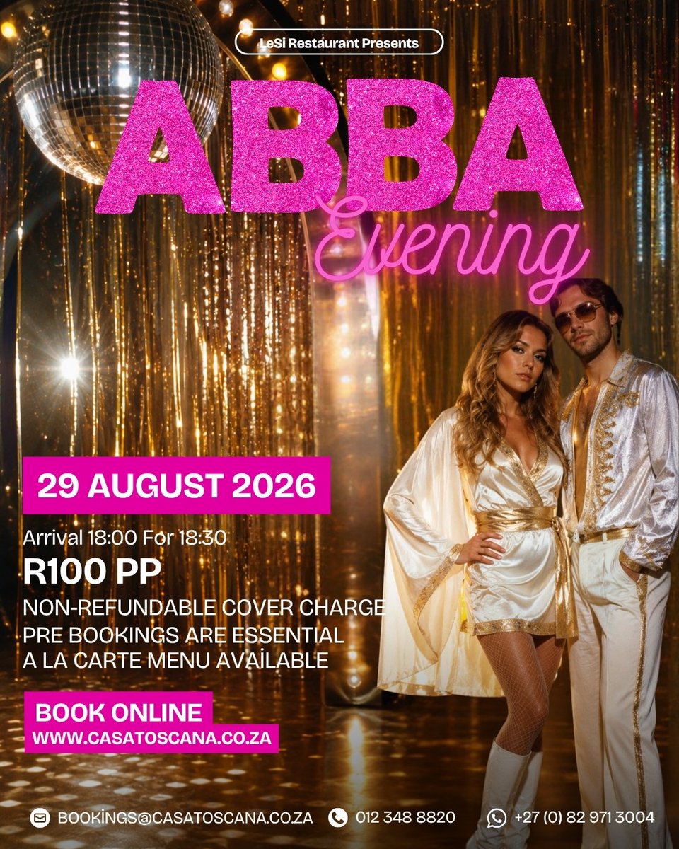 LeSiRestaurant's tweet photo. ✨#DancingQueen? Mamma Mia? It's #ABBA time!
Join us on 29 August at LeSi Restaurant for a night of iconic hits, delicious food and unforgettable entertainment
📍18:00 for 18:30🎟️ R100 pp🍽️ À la carte menu
https://t.co/7p5nmZglnh #LeSiRestaurant #LiveEntertainment #PretoriaEvents https://t.co/WM5CAw95vQ