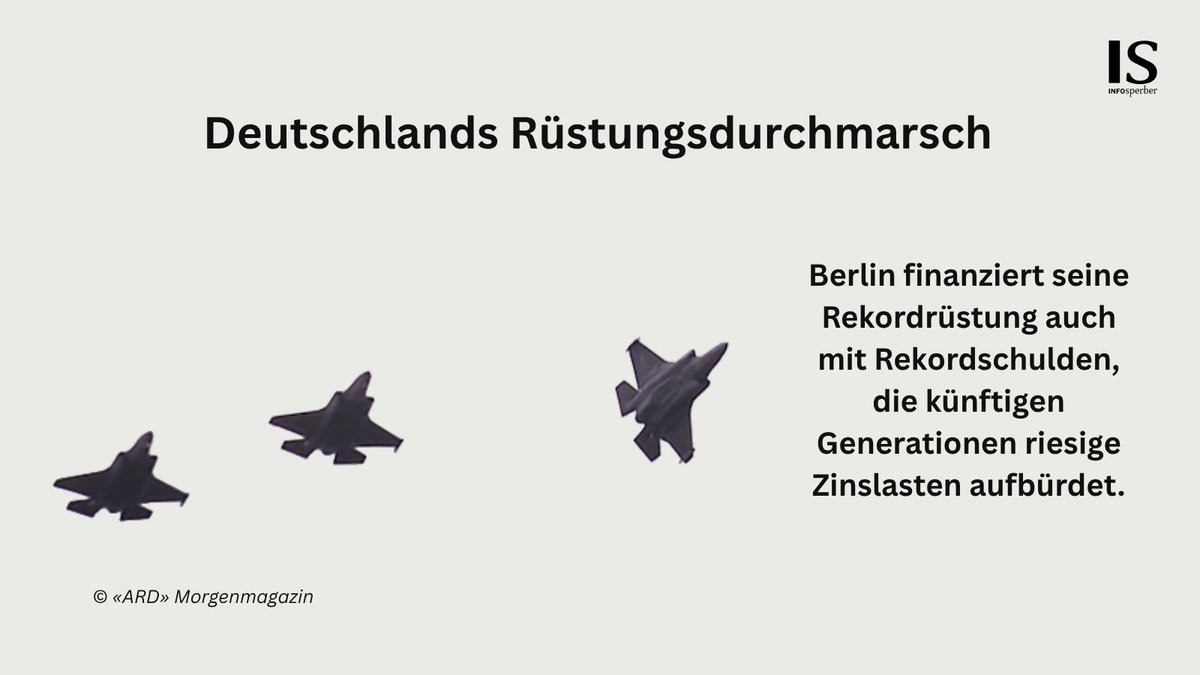infosperber's tweet photo. Die Bundesregierung finanziert Deutschlands Hochrüstung ausser mit dem Abriss der Sozialsysteme auch mit Rekordschulden.

Jetzt lesen: https://t.co/Ya98TUDDuH https://t.co/gvOPDwYjKR