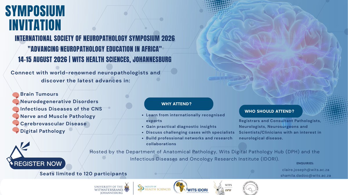 WitsHealthFac's tweet photo. The International Society of Neuropathology Symposium 2026 - Hosted by Wits Health Sciences, 14–15 August! Learn from global experts, gain diagnostic insights, and build networks in advancing neuropathology education in Africa. Register and secure your seat today!

#Neuropathology #WitsForGood #ScienceFoImpact #WitsHealthSciences