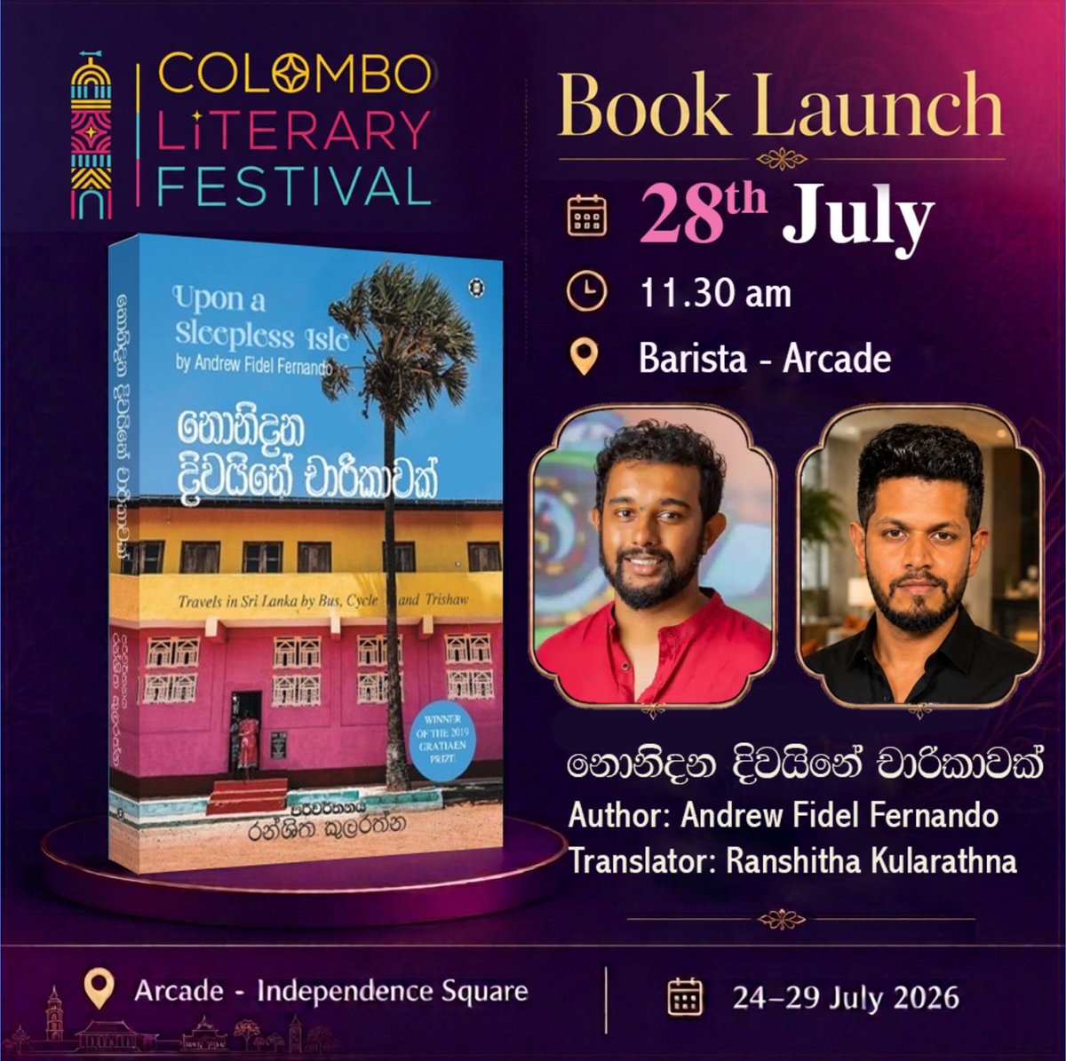 afidelf's tweet photo. Folks. The Sinhala translation of Upon a Sleepless Isle drops tomorrow. If you’re in Colombo and especially if you’re at the Colombo Litfest, drop by at 11:30am. 

Translator Ranshitha Kularathna and I will be chatting to Ciara Mandulee Mendis. It’s going to be fun. https://t.co/jJu4FjwEAi