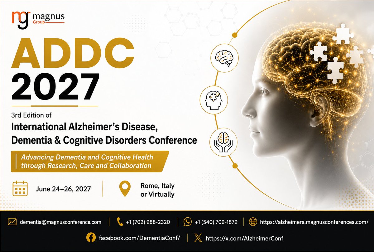 AlzheimerConf's tweet photo. Be part of the @AlzheimerConf organised by @magnus_group bringing together leading neurologists, scientists, researchers, and industry experts to advance the future of brain health and cognitive care
📅June 24–26, 2027
📍Rome, Italy
🌐For more info, visit:
https://t.co/T4HcWGT05p https://t.co/67ehfdLzqN