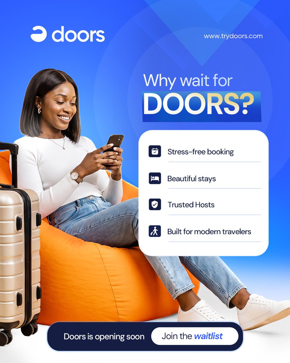 trydoors1's tweet photo. We're getting ready to change the way you book shortlets.✨

Doors is opening soon. Join the waitlist today and be among the first to experience smarter bookings.
 
Use this link to join https://t.co/xyEcZ3LBP9

 #WhyDoors #DoorsisComing #Comingsoon https://t.co/eYQxZAuSr7