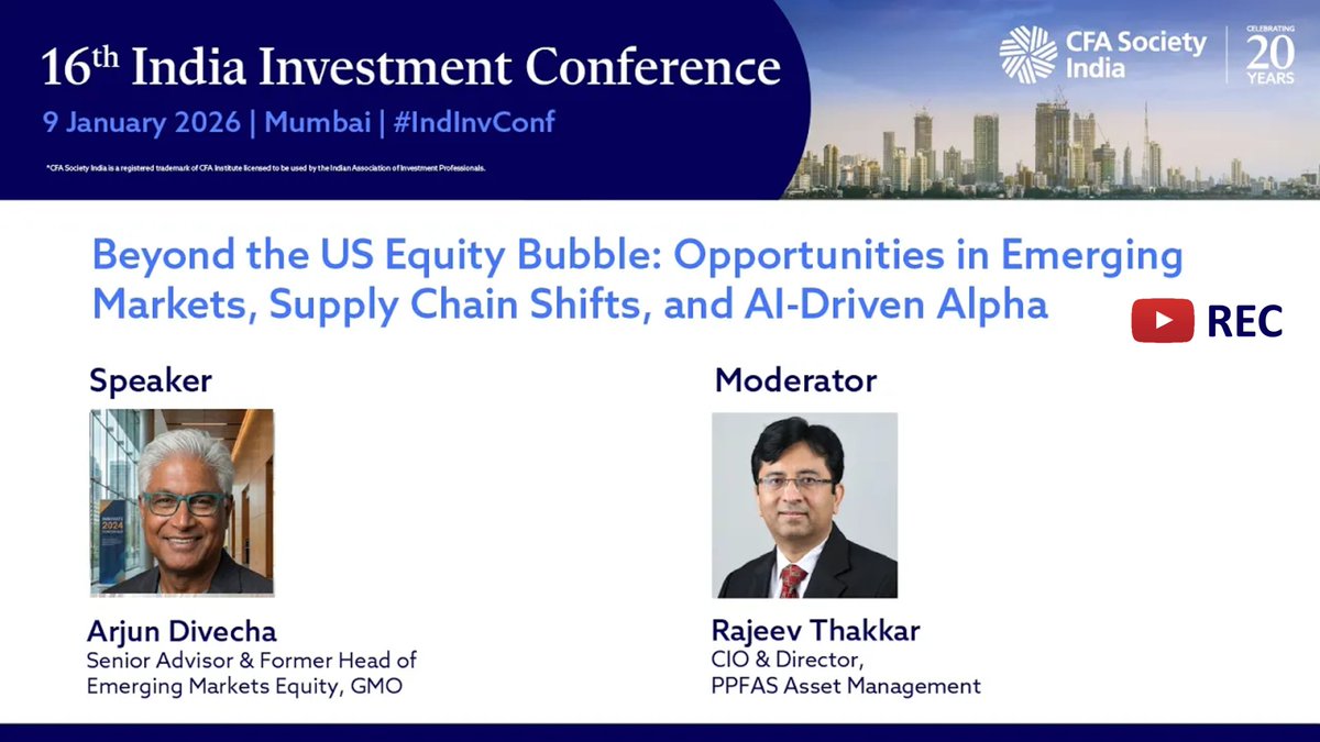 CFASocietyIndia's tweet photo. Watch this #insightful #video from the 16th India Investment Conference #IIC, where Arjun Divecha, Senior Advisor &amp; Former Head of Emerging Markets Equity, GMO, joins moderator Rajeev Thakkar, CIO &amp; Director, PPFAS Asset Management, to discuss:
https://t.co/GEFt77dYGv https://t.co/B6fADU0v6V
