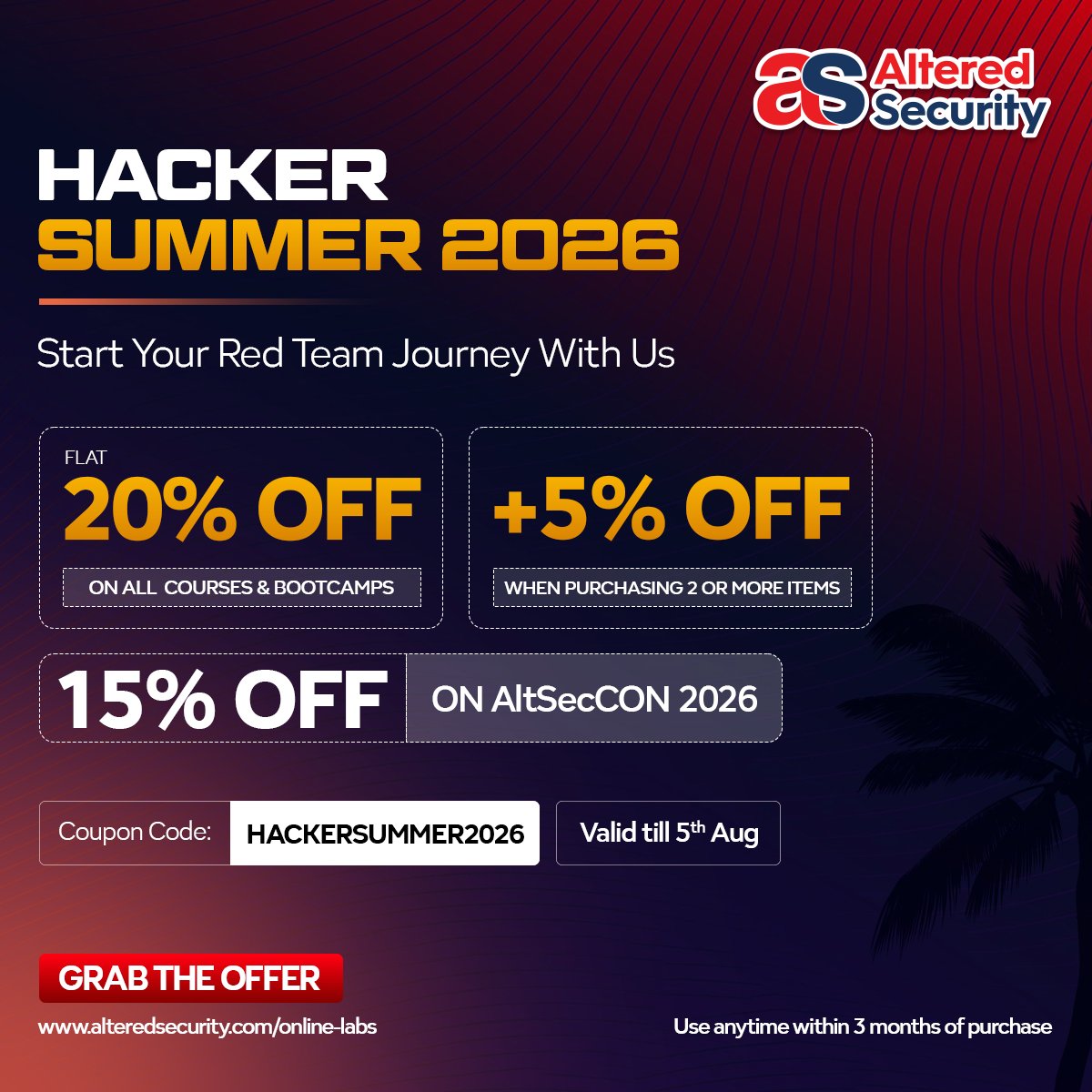 AlteredSecurity's tweet photo. Hacker Summer 2026 Giveaway is Live!

Can't Make It to Hacker Summer Camp in Las Vegas?

Bring the Hacker Summer experience home with Hacker Summer 2026. Enter for a chance to WIN a FREE CRTP® or CRTE® course, while also unlocking exclusive offers.

How to participate:
• Like and follow @AlteredSecurity 
• Comment which course you're interested in and why
• Repost this post

Winners will be selected at random and announced on 29 July 2026.

Hacker Summer 2026 Offer

• Flat 20% OFF on all courses & bootcamps
• Additional 5% OFF when purchasing 2 or more items
• Flat 15% OFF on AltSecCON 2026 passes

Coupon Code: HACKERSUMMER2026
Offer Valid: Until 5 August 2026

Grab your offer now:
https://t.co/hp0GLwrqy7

#HackerSummer2026 #Giveaway #CRTP #CRTE #RedTeaming #AltSecCON2026 #AlteredSecurity