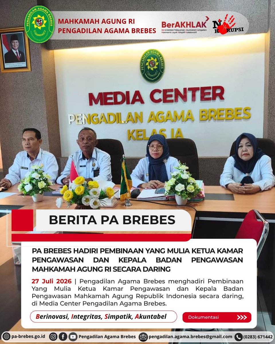 PABrebes's tweet photo. PA BREBES HADIRI PEMBINAAN YANG MULIA KETUA KAMAR PENGAWASAN DAN KEPALA BADAN PENGAWASAN MAHKAMAH AGUNG RI SECARA DARING

PA Brebes, BISA ! #Berinovasi #Integritas #Simpatik #Akuntabel https://t.co/7JgL7ugc0x
