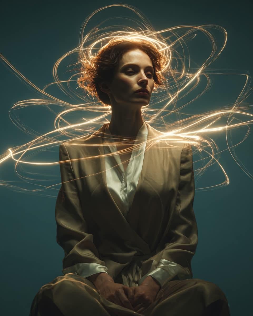 一幅电影感的艺术人像：一位神情宁静的年轻女子坐在极简木质椅子上，背景为深青色无缝摄影棚布幕，身着剪裁精致的优雅象牙色真丝上衣与高腰长裤，表情平静内敛，目光柔和，美貌恒久隽永；金色发光的轨迹如流