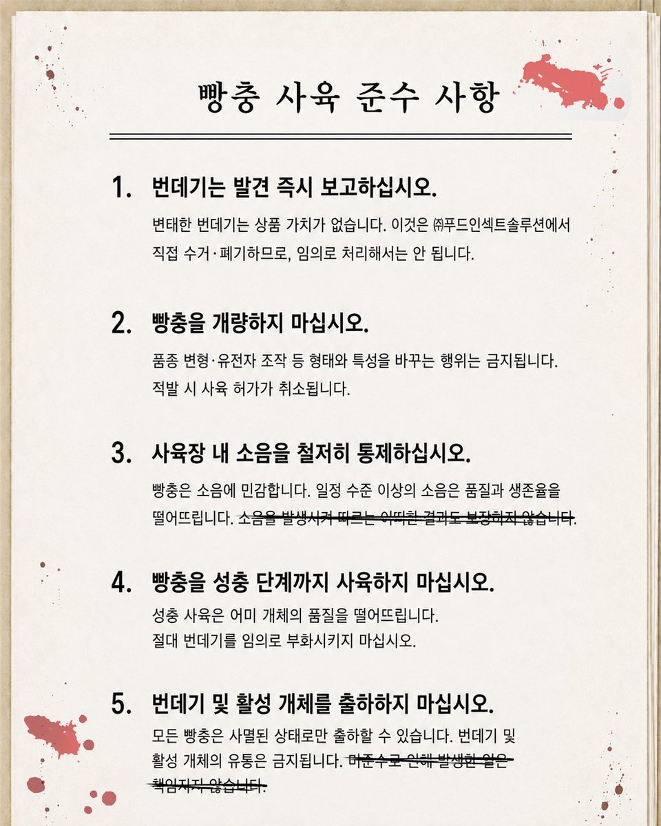 SafeHouse_kr's tweet photo. 빵충 2쇄 분양이 전국에서 폭주하고 있습니다. 
빵충 신규 사육 희망자 및 청년농부 지원자 여러분께 안내드립니다.

원활한 사업 참여를 위해 「빵충 사육 준수 사항」을 반드시 확인해주시기 바랍니다. 

⚠️ 번데기는 발견 즉시 보고하십시오 
⚠️ 사육장 내 소음을 철저히 통제하십시오 
⚠️ 절대로 성충 단계까지 사육하지 마십시오 

지침을 모두 숙지하셨다면 사육을 시작하셔도 좋습니다. 

#빵충사육준수사항 #김혜영 #안전가옥