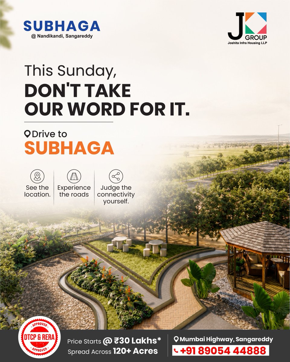 JGroupInfra's tweet photo. This Sunday, experience Subhaga for yourself. Drive the Mumbai Highway, explore the thoughtfully planned layout, and discover why location matters. Visit, walk, and decide with confidence.

📞 8905444888

#Subhaga #JGroupInfra #SiteVisit #HyderabadRealEstate #PremiumPlots https://t.co/g97YUCh2dw