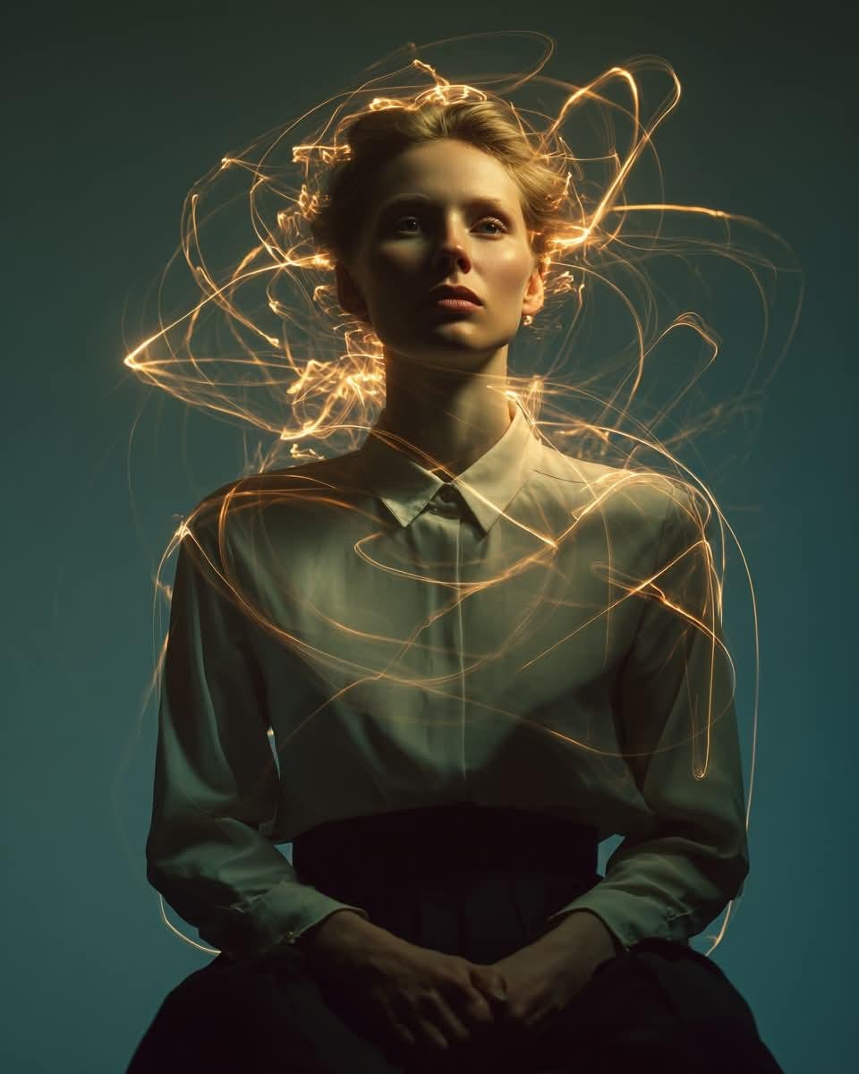 一幅电影感的艺术人像：一位神情宁静的年轻女子坐在极简木质椅子上，背景为深青色无缝摄影棚布幕，身着剪裁精致的优雅象牙色真丝上衣与高腰长裤，表情平静内敛，目光柔和，美貌恒久隽永；金色发光的轨迹如流