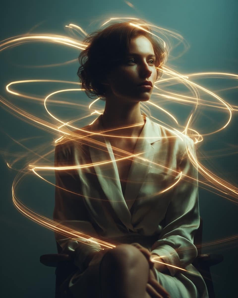一幅电影感的艺术人像：一位神情宁静的年轻女子坐在极简木质椅子上，背景为深青色无缝摄影棚布幕，身着剪裁精致的优雅象牙色真丝上衣与高腰长裤，表情平静内敛，目光柔和，美貌恒久隽永；金色发光的轨迹如流