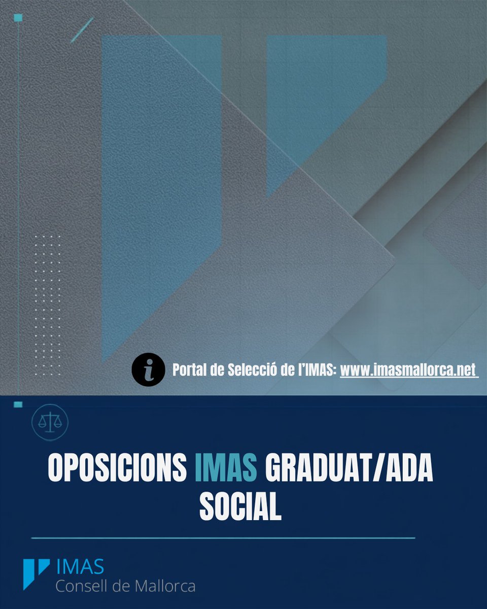 imasmallorca's tweet photo. 🚨 Obrim el procés selectiu per cobrir places de graduat/ada social a l'IMAS.

📅 Presentació de sol·licituds fins el 4 d’agost‼️

➡️ Convocatòria oberta per a torn lliure i promoció interna.

🔎 Més informació al Portal de Selecció de l’IMAS ➡️ https://t.co/0tg6fwT9J0 https://t.co/BB6RQZmbM0