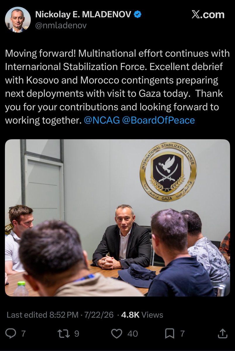 DD_Geopolitics's tweet photo. 🇵🇸 KOSOVO, UGANDA AND MOROCCO TO OCCUPY GAZA: An Occupation Force Disguised as “Stabilization”

This is deeply troubling. Nickolay Mladenov has announced that contingents from Kosovo and Morocco are preparing for deployment with the so-called International Stabilization Force, following a visit to Gaza. 

Israel’s Security Cabinet has now approved legal IMMUNITY for the force. According to the Israeli diplomatic account, the ISF will work in full coordination with the IDF, deploy only in areas approved by Israel, and require the personal authorization of Israel’s prime minister, defense minister and foreign minister before any personnel may enter Gaza. 

Israel will also decide which countries are permitted to participate, limiting eligibility to states it considers friendly and excluding governments that challenge Israel or its officials in international institutions. The initial deployment is expected to include roughly 200 personnel, reportedly from countries including Morocco and Uganda, while Kosovo personnel are also being prepared. 

Israel says that the IDF will continue holding the so-called Yellow Line and will not withdraw until Hamas has been entirely disarmed and Gaza fully demilitarized. Israel currently controls approximately 64 percent of the Strip, and the proposed foreign force would operate beyond the Yellow Line in coordination with the military occupying and repeatedly attacking Gaza. 

Mladenov is a former Bulgarian defense minister and foreign minister who later served as the United Nations envoy in Iraq and, from 2015 to 2020, as UN Special Coordinator for the Middle East Peace Process. After leaving the UN, he became director-general of the Anwar Gargash Diplomatic Academy in Abu Dhabi and was associated with efforts supporting Arab normalization with Israel (ABRAHAM ACCORDS). He is now the High Representative for Gaza under President Trump’s US-created “Board of Peace,” responsible for supervising the proposed transitional administration.

So to recap: an army selected by Israel, granted immunity by Israel, admitted only with the approval of Israeli ministers and required to coordinate its operations with the IDF is not an impartial protector of Gaza.