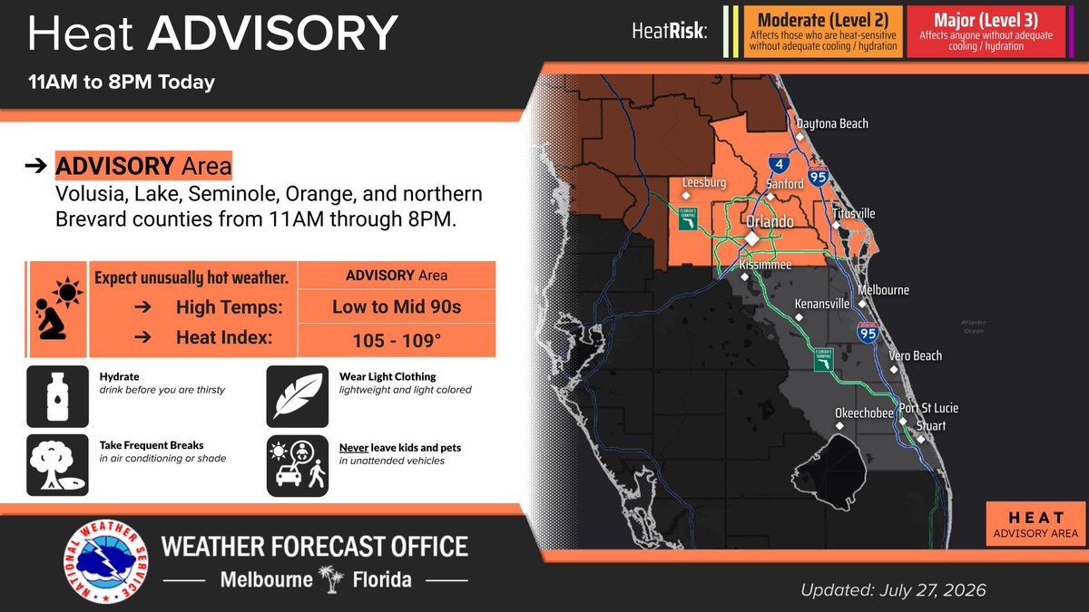 NWSMelbourne's tweet photo. 7/27 | Isolated to scattered showers and storms are forecast across parts of the I-4 corridor this morning with coverage increasing areawide this afternoon. Hot and humid conditions continue, and a Heat Advisory is in effect for northern portions of east central Florida today. https://t.co/d7DsBc6Stx