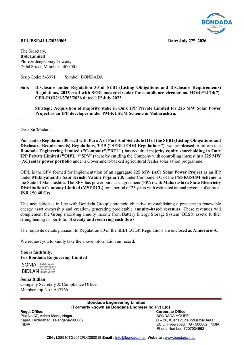 equity_hub_'s tweet photo. Bondada Engineering has bought a majority stake in Onix IPP, a company developing a 225 MW solar power project in Maharashtra under the PM-KUSUM scheme. 

The project has a 25 year power purchase agreement and is expected to earn around ₹150.48 crore in revenue every year. https://t.co/b6yPMoxKnm