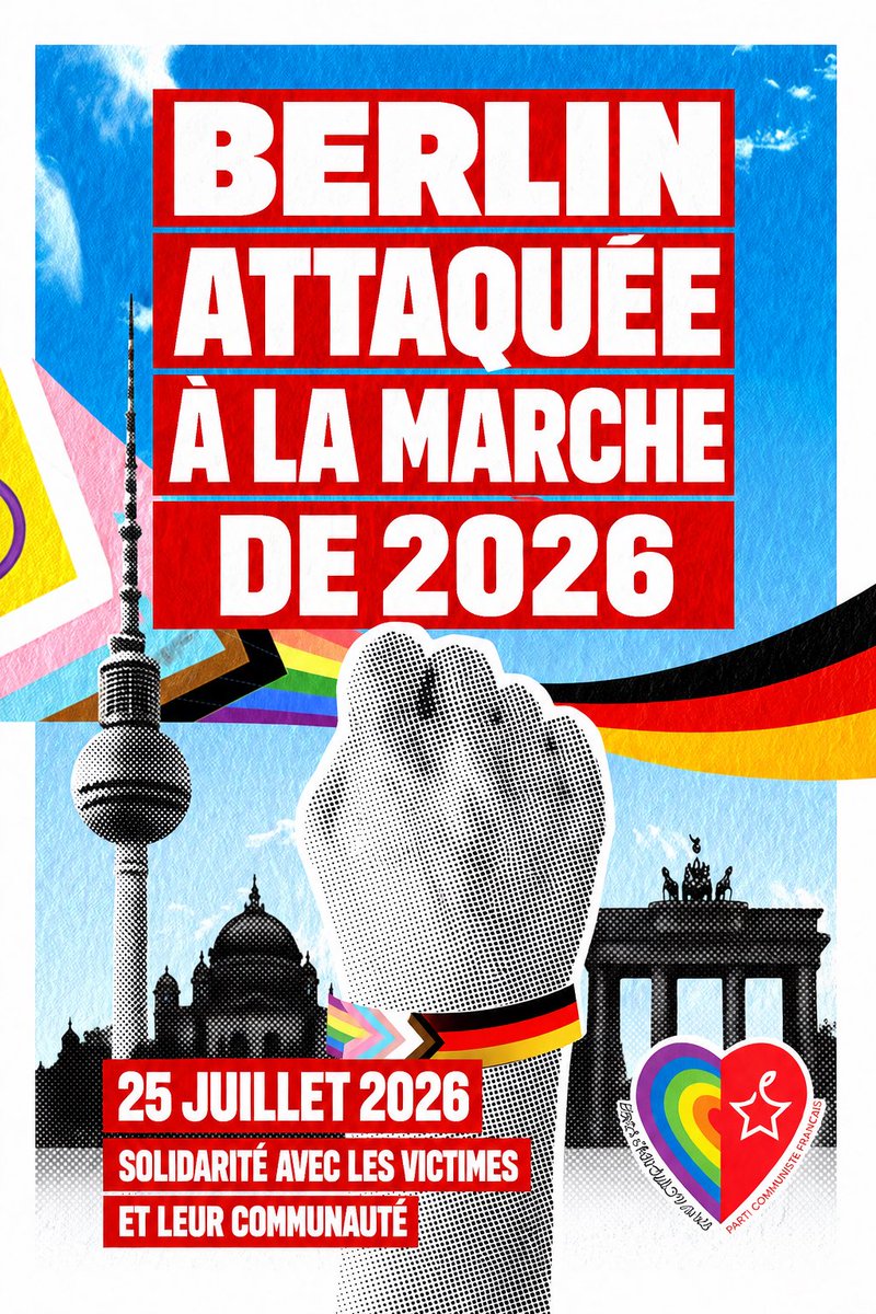 PCF_LGBTQI's tweet photo. 🏳️‍🌈🇩🇪 Le 25 juillet 2026, un attentat a frappé la Marche des fiertés de Berlin.

Notre solidarité va aux victimes, à leurs proches et à toute la communauté LGBTQIA+.

La haine LGBTphobe ne nous fera pas reculer. Face à la haine : solidarité et lutte.

✊🏳️‍🌈🇩🇪 https://t.co/6LooOa3fh0