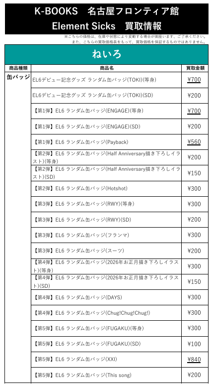 買取情報】 💎Element Sicks💎 🩵 ねいろ さん 🎶 缶バッジ 各種 第5弾