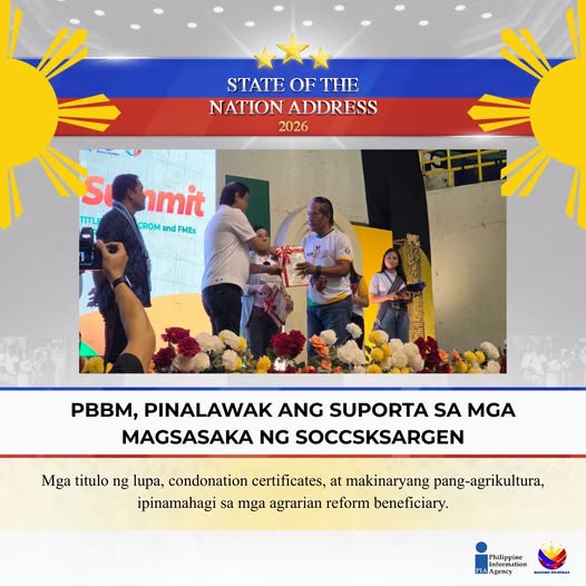 PIARegion_12's tweet photo. #SONA2026 | Sa ilalim ng pamumuno ni Pangulong Ferdinand R. Marcos Jr., patuloy na pinalalakas ang suporta sa mga magsasaka at agrarian reform beneficiaries sa SOCCSKSARGEN.

#PBBM #PBBMSONA2026 #AgrarianReform #Magsasaka #DAR #BagongPilipinas #PIA12 #PIASarGen https://t.co/HgXbVr9SnC