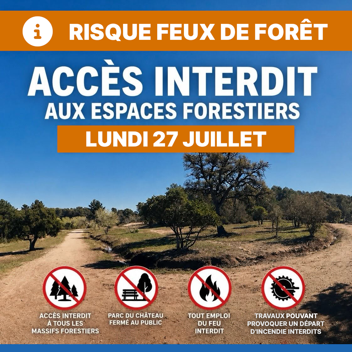 ChrisChalier's tweet photo. 🚨 La vigilance risque « incendie &amp; feux de forêt » est reconduite ce lundi 27 juillet #mouanssartoux

En raison du niveau exceptionnel de risque « feux de forêt » pour ce lundi 27 juillet, l’accès à l’ensemble des espaces forestiers de Mouans-Sartoux est interdit [1/2] https://t.co/GaefBvgzTv