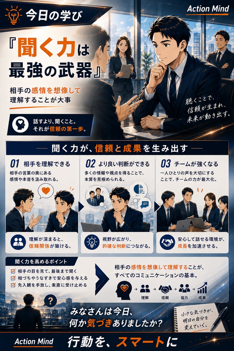 kagiyama_0307's tweet photo. 「今日の学び」

『聞く力は最強の武器』

相手の感情を想像して理解することが大事

みなさんは今日、何か気づきありましたか？ https://t.co/CCxTlDcASC