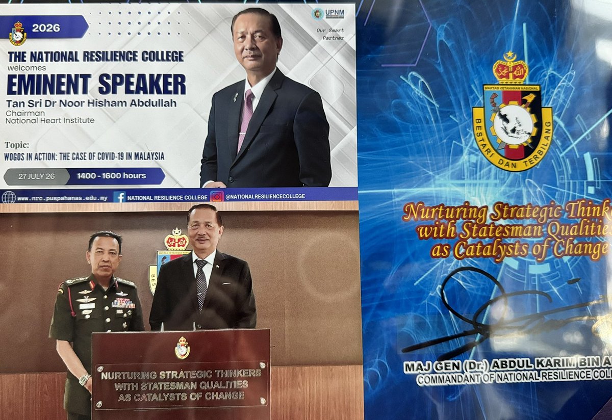DGHisham's tweet photo. This afternoon I delivered an enlightening executive talk titled "Whole-of-Government and Whole-of-Society (WoGoS) in action: The COVID-19 Case Study & The Lessons Learned," sharing the insights and experiences from the front lines of Malaysia's battle against the COVID-19 pandemic.

My presentation covered the initial outbreak's timeline, the strategic implementation of the WoGoS approach in managing the crisis, and the collaborative efforts across various sectors to enhance the nation's preparedness, response, and resilience. Key highlights included the operational details of the Crisis Preparedness and Response Centre (CPRC), advancements in surveillance, testing strategies, public health interventions, and the critical role of community engagement through a platform like MySejahtera.

The experience underscored the importance of solidarity, science-based strategies, and the dynamic adaptation of policies in facing public health emergencies, offering profound lessons for future crisis management.

#NRC #nationalresiliencecollege #UPNM #NDUM #WOGOS