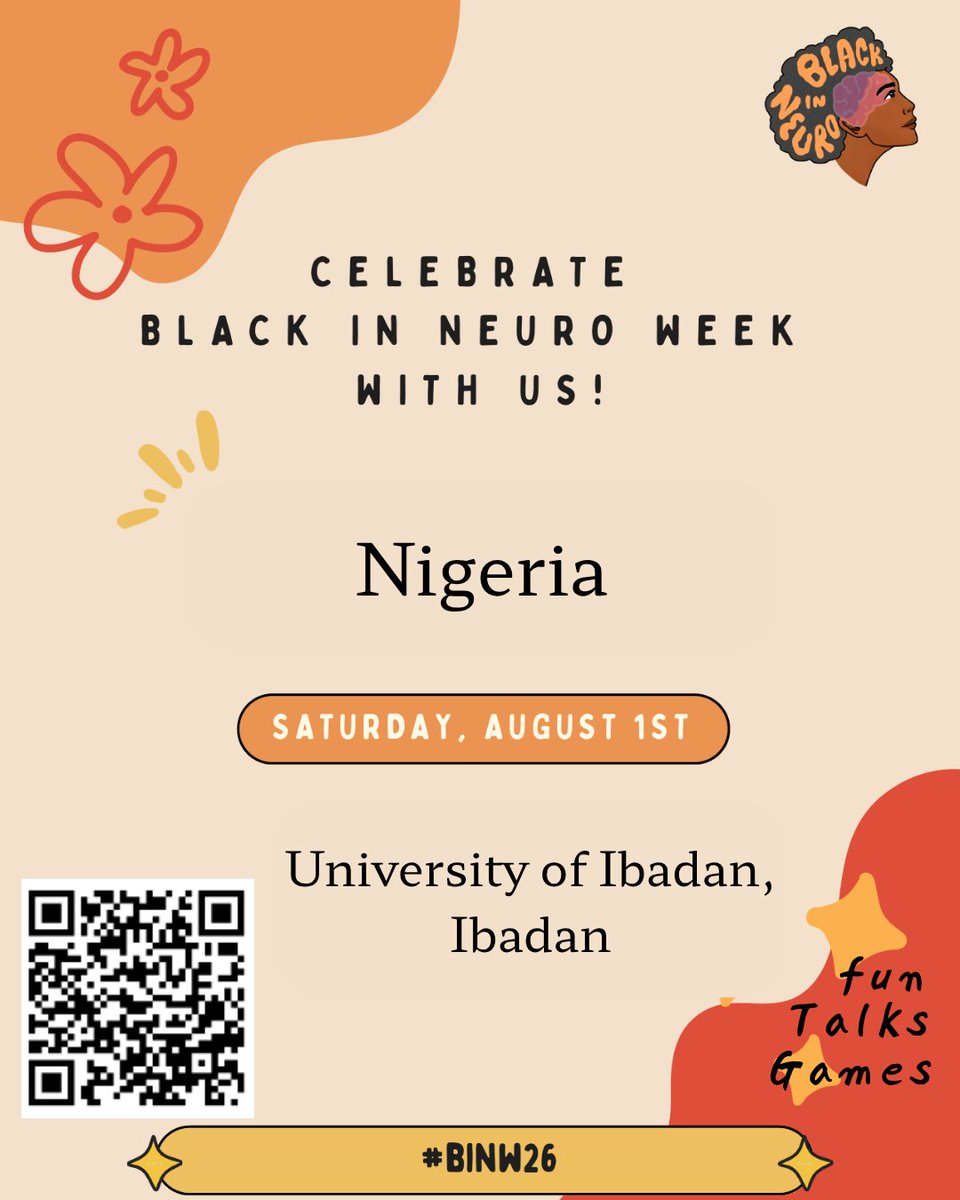 JoshuAyodele's tweet photo. 🧠✨ Black In Neuro in Ibadan, Nigeria! Join us Saturday, August 1st for an in-person meet-up to connect, share, and celebrate Black excellence in neuroscience. Come and meet fellow researchers, students, and neuro-enthusiasts building community. 
@BlackInNeuro 
1/2 https://t.co/OY2dJQz2Rf