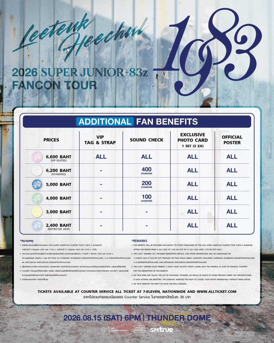 trip_event's tweet photo. 💙2026 SUPER JUNIOR-83z FANCON TOUR [1983] in BANGKOK Tickets Available Soon!

Both born in 1983, standing side by side for over 20 years.
From their trainee days to today, LEETEUK and HEECHUL have walked the same path together. LEETEUK's steady leadership and HEECHUL's bold charisma create an irreplaceable chemistry that only they can share.🔥
This time, they'll bring unforgettable stages, heartfelt stories, and plenty of fun interactions to create brand-new memories with E.L.F.

📅 August 15, 18:00  (UTC+7)
📍 THUNDER DOME

❗ Tickets on Sale: July 30, 10:00 AM (UTC+7)
🎫 Available Ticket Categories
- Zone 6,600 (VIP PACKAGE)
- Zone 6,200 (STANDING)
- Zone 5,000
- Zone 4,000

Click https://t.co/vO0bRfHblp to get your tickets!

#SUPERJUNIOR #슈퍼주니어_83z #SUPERJUNIOR_83z #LEETEUK #HEECHUL #BangkokConcert #FANCON #ELF