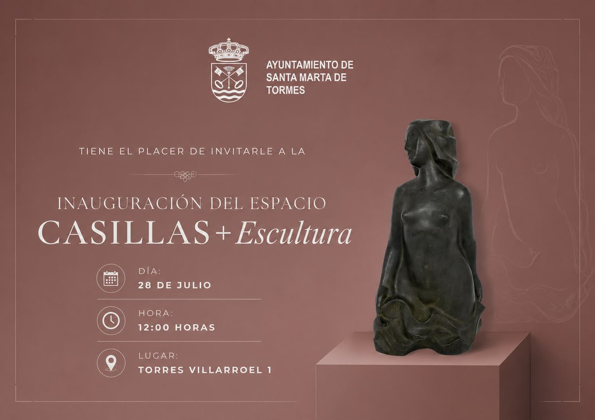 AytoSantaMarta's tweet photo. 📣 Santa Marta suma un nuevo espacio expositivo con la obra del gran Agustín Casillas, uno de los grandes escultores contemporáneos españoles. 
👉 Te invitamos a que lo conozcas 
🗓️ Mañana martes, 28 de julio, a las 12:00 horas (Acceso libre) 
¡Te esperamos! https://t.co/JSbAfMld67