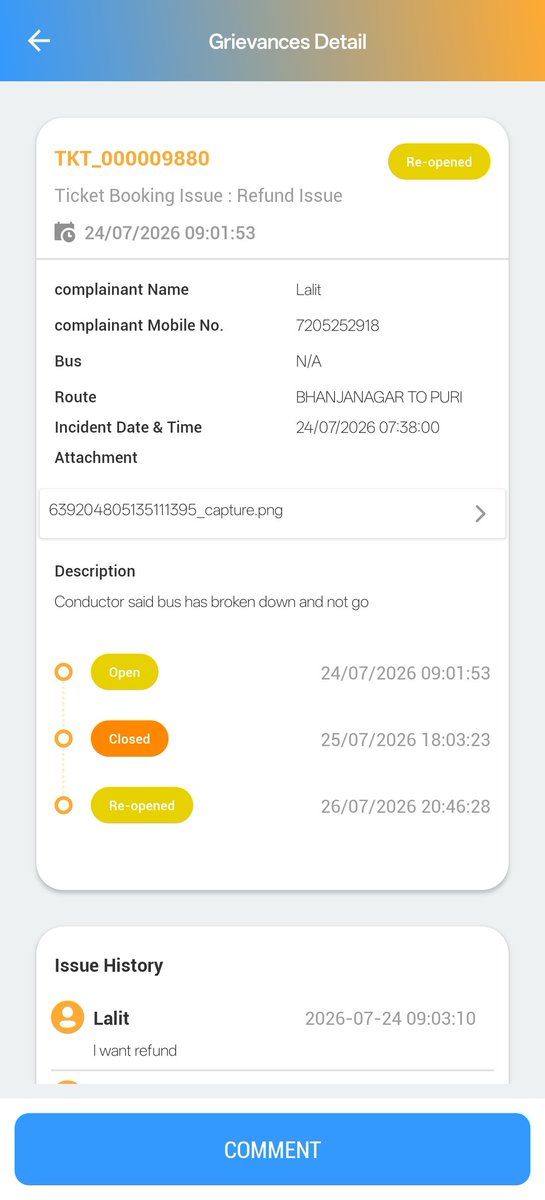 ho8ophile's tweet photo. @OSRTC_Odisha Bus didn't arrive at the boarding point, Berhampur on time. Bus conductor said the bus didn't start from the origin,Bhanjanagar at all because it was facing engine problems and not starting. We couldn't go to Puri. Requesting you to fully refund ticket price. https://t.co/3oTSSORhmT