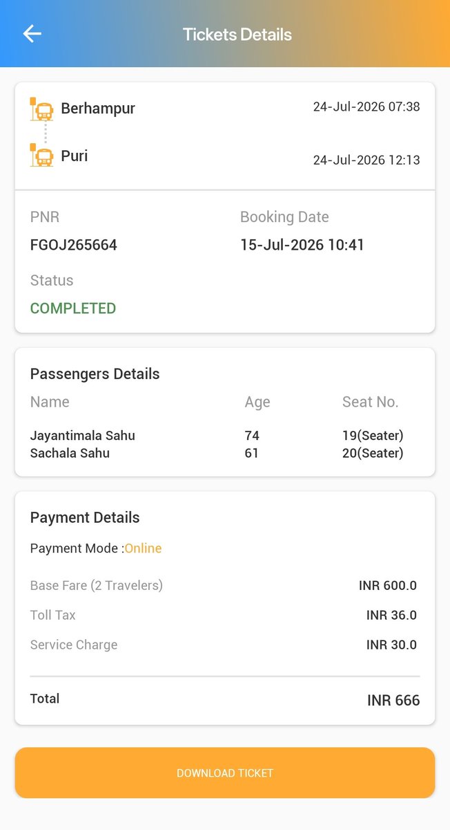 ho8ophile's tweet photo. @OSRTC_Odisha Bus didn't arrive at the boarding point, Berhampur on time. Bus conductor said the bus didn't start from the origin,Bhanjanagar at all because it was facing engine problems and not starting. We couldn't go to Puri. Requesting you to fully refund ticket price. https://t.co/3oTSSORhmT